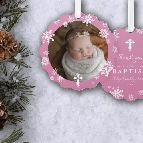 Pink Snowflakes Photo Winter Baptism Thank You Ornament Card
