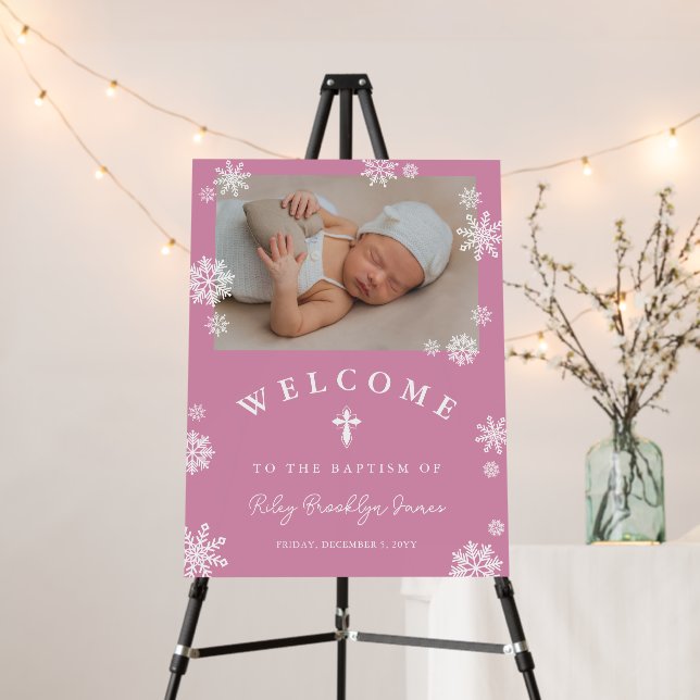 Pink Snowflakes Photo Winter Baptism Welcome Foam Board (In Situ (Stand))