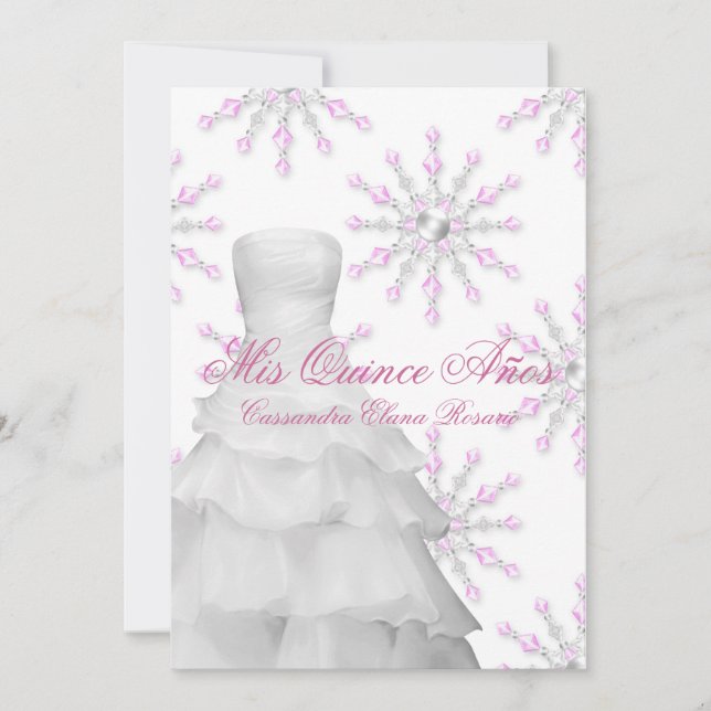 Pink Snowflakes Pink White Quinceanera Invitation (Front)