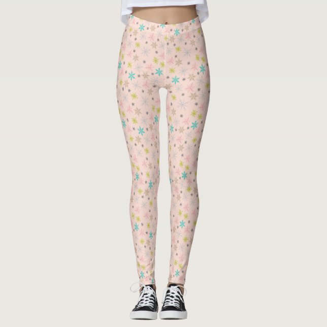 Pink Snowflakes Turquoise Lime Green Gray Leggings (Front)
