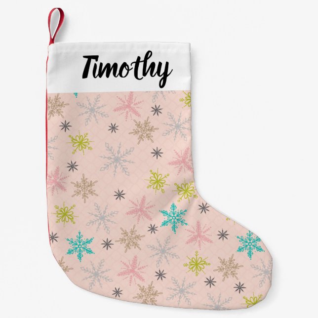 Pink Snowflakes Turquoise Lime Green Gray Small Christmas Stocking (Front)