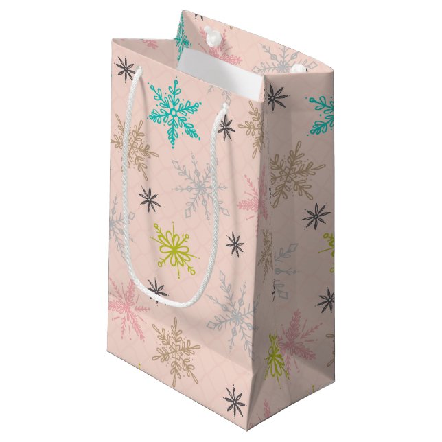 Pink Snowflakes Turquoise Lime Green Gray Small Gift Bag (Front Angled)