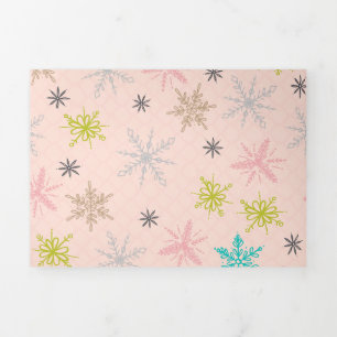 Pink Snowflakes Turquoise Lime Green Gray Tri-Fold Holiday Card