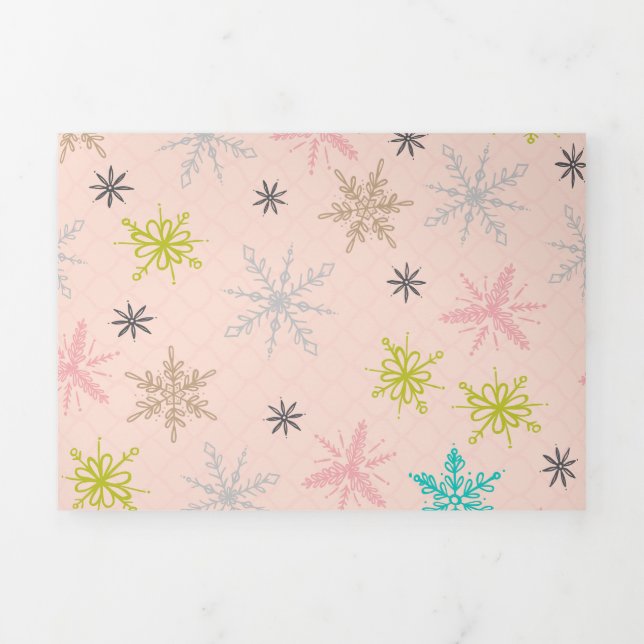 Pink Snowflakes Turquoise Lime Green Gray Tri-Fold Holiday Card (Cover)