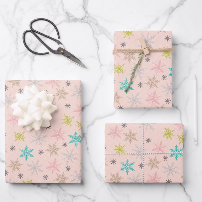 Pink Snowflakes Turquoise Lime Green Gray Wrapping Paper Sheets (Front)