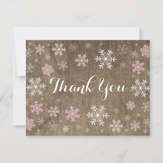 Pink Snowflakes Winter Burlap Thank You Card (Front)