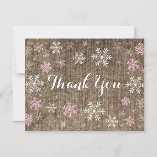 Pink Snowflakes Winter Burlap Thank You Card