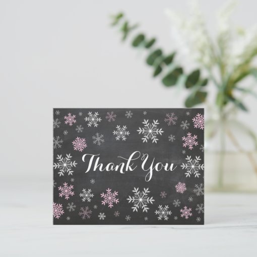 Pink Snowflakes Winter Chalkboard Thank You Card | Zazzle