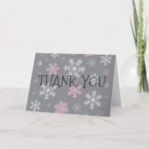 Pink Snowflakes Winter Grey Fold Thank You Card