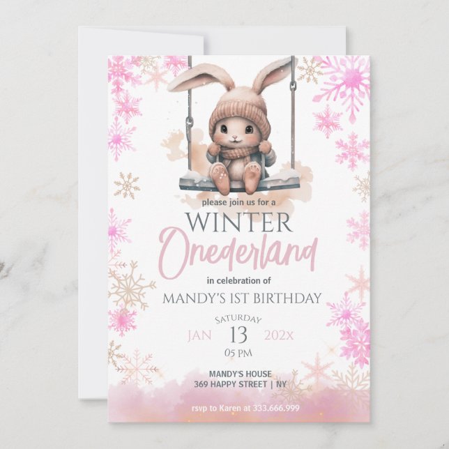 Pink Snowflakes Winter Onederland 1st Birthday Invitation (Front)