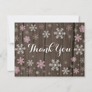 Pink Snowflakes Winter Rustic Wood Thank You Card