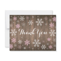 Pink Snowflakes Winter Rustic Wood Thank You Card