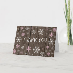 Pink Snowflakes Winter rustic wood Thank You Card