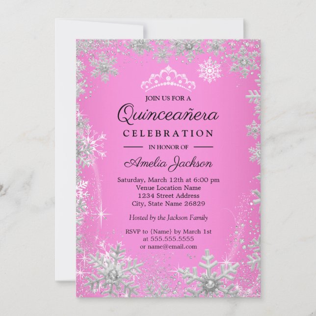 Pink Snowflakes Winter Wonderland Quinceanera Invitation (Front)