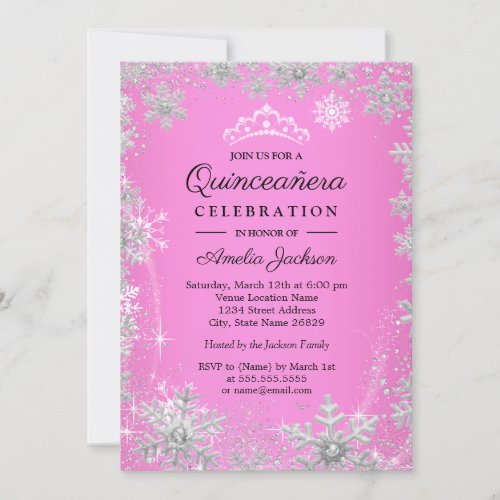 Pink Snowflakes Winter Wonderland Quinceanera Invitation