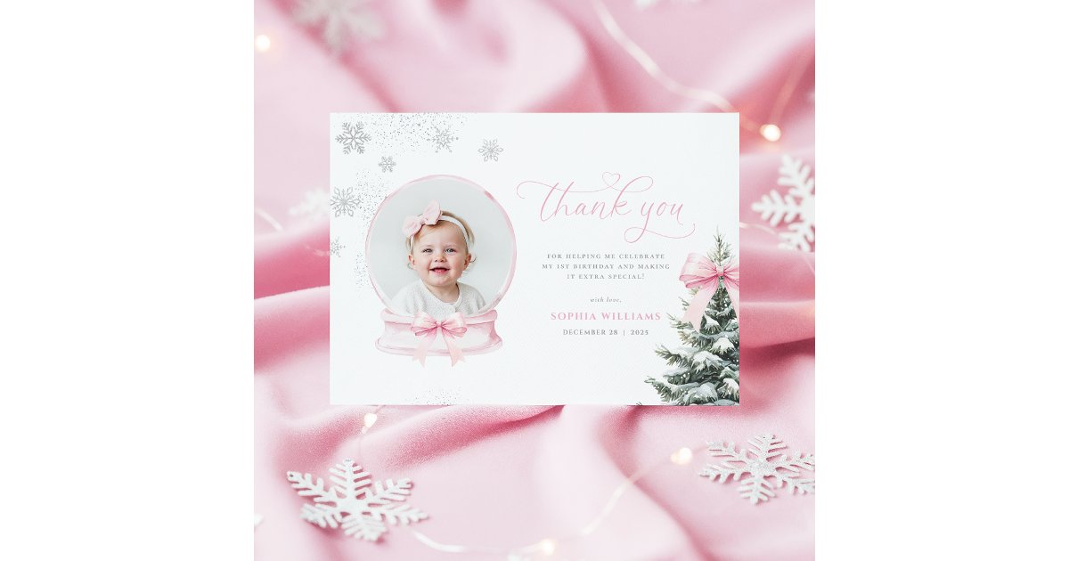 Pink Snowglobe Winter Onederland First Birthday Th Thank You Card | Zazzle
