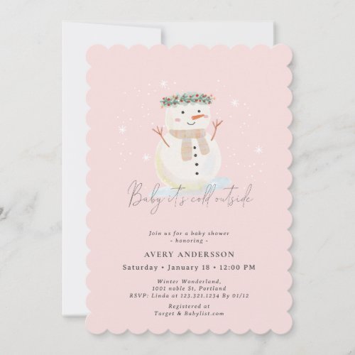 Pink Snowman Baby Its Cold Outside Baby Shower Invitation