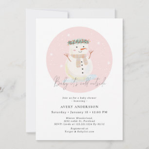 Pink Snowman Baby It's Cold Outside Baby Shower Invitation