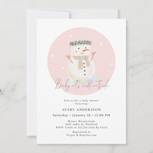 Pink Snowman Baby Its Cold Outside Baby Shower Invitation