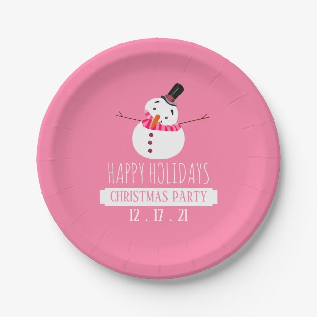 Pink Snowman, Christmas Party Paper Plates (Front)