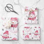 Pink Snowman Christmas Wrapping Paper Sheets<br><div class="desc">Cute as it can be is this scene of the most fun little snowmen looking like they are so happy. All dressed up in lovely bright pink knit winter caps and scarves. The vintage watercolor pattern also includes some bits of holiday pink and red berries and Yuletide greenery. Each of...</div>