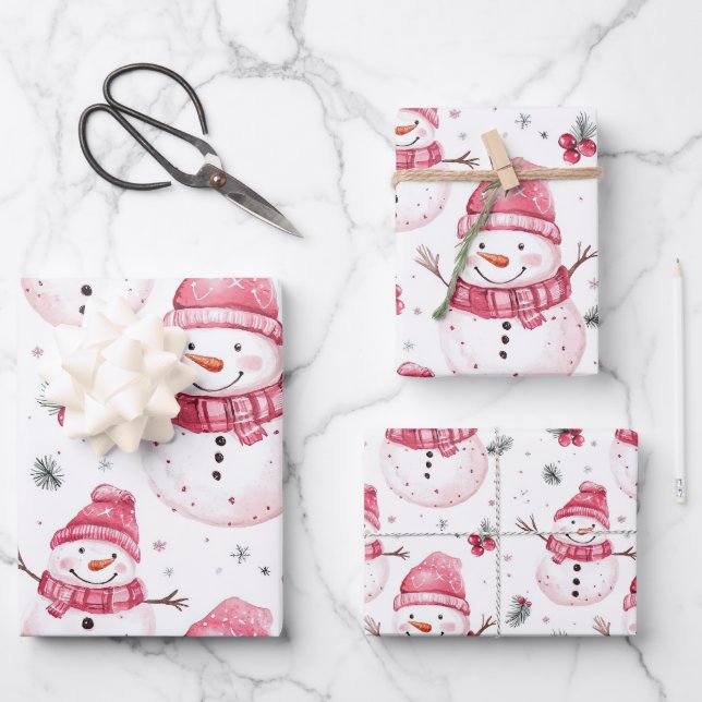 Pink Snowman Christmas Wrapping Paper Sheets (Front)