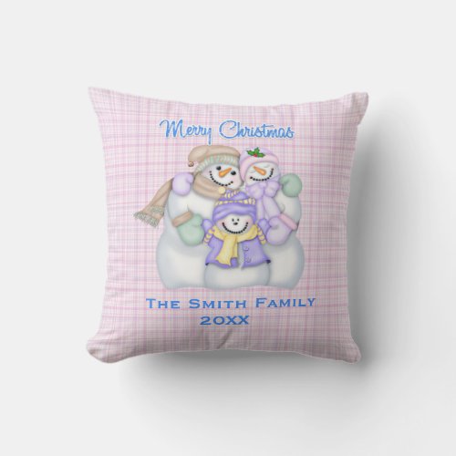 Pink Snowman Family Custom Christmas Holiday Throw Pillow