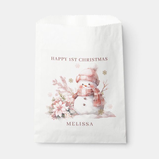 Pink Snowman Girl 1st Christmas Favor Bags (Front)