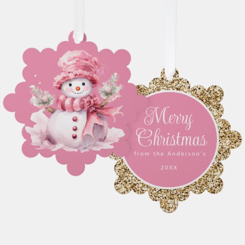 Pink Snowman Gold Merry Christmas Greeting Ornament Card