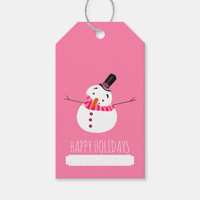 Pink Snowman, Happy Holidays Gift Tags (Front)