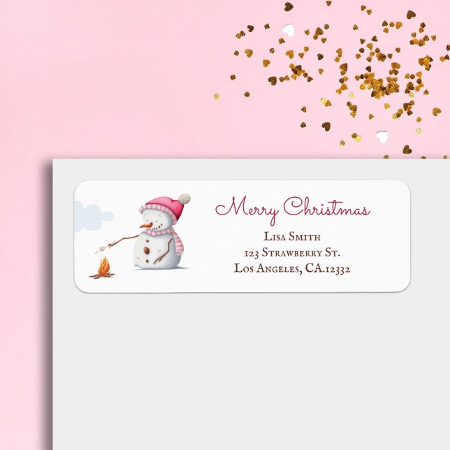 Pink Snowman Marshmallows Christmas Return Address Label (Creator Uploaded)