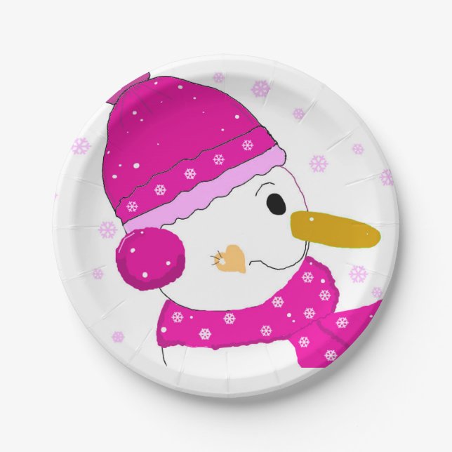 Pink Snowman Paper Plates (Front)