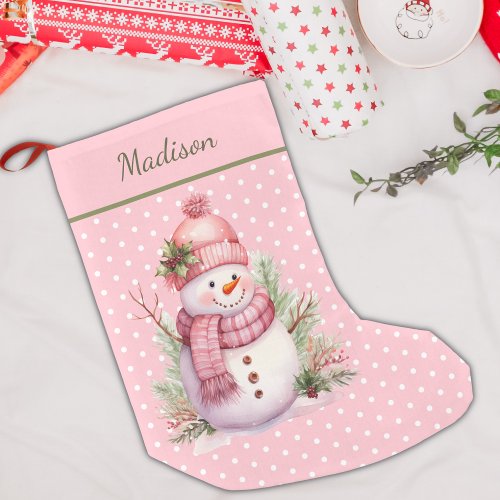 Pink Snowman Polka Dot Custom Christmas Stocking