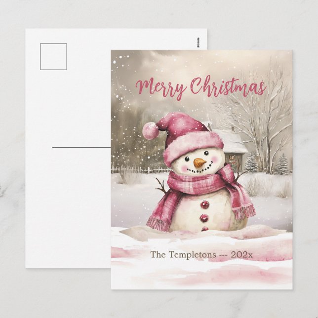 Pink Snowman Vintage Christmas Postcard (Front/Back)