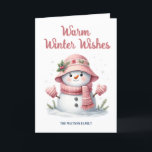 Pink Snowman Warm Winter Wishes   Holiday Card<br><div class="desc">Send cozy Christmas cheer with this adorable personalized holiday card featuring a charming snowwoman dressed in pink winter accessories, complete with a festive hat, scarf, and heart-shaped mittens. This soft and whimsical illustration is perfect for families, friends, or anyone who appreciates a feminine touch during the holiday season. Customize with...</div>