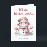 Pink Snowman Warm Winter Wishes   Holiday Card<br><div class="desc">Send cozy Christmas cheer with this adorable personalized holiday card featuring a charming snowwoman dressed in pink winter accessories, complete with a festive hat, scarf, and heart-shaped mittens. This soft and whimsical illustration is perfect for families, friends, or anyone who appreciates a feminine touch during the holiday season. Customize with...</div>