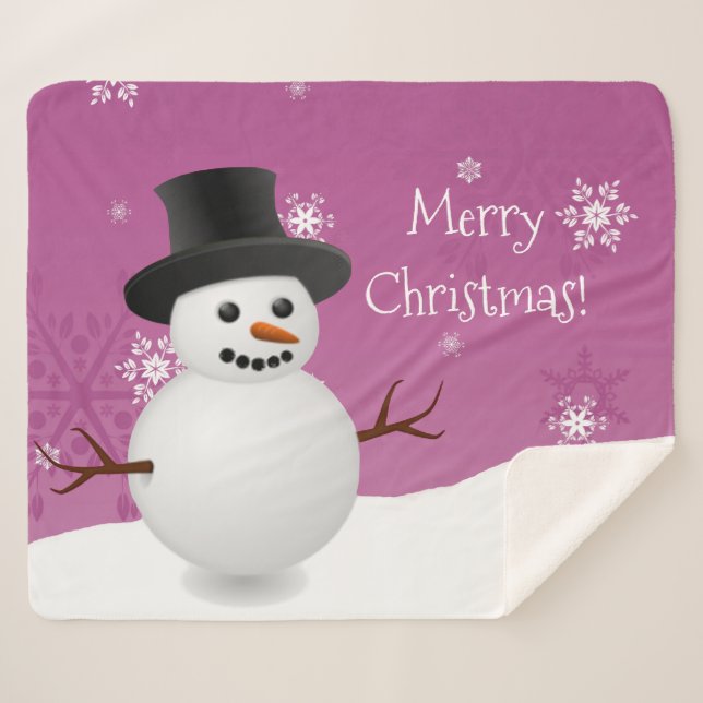 Pink Snowman Winter Christmas Sherpa Blanket (Front (Horizontal))