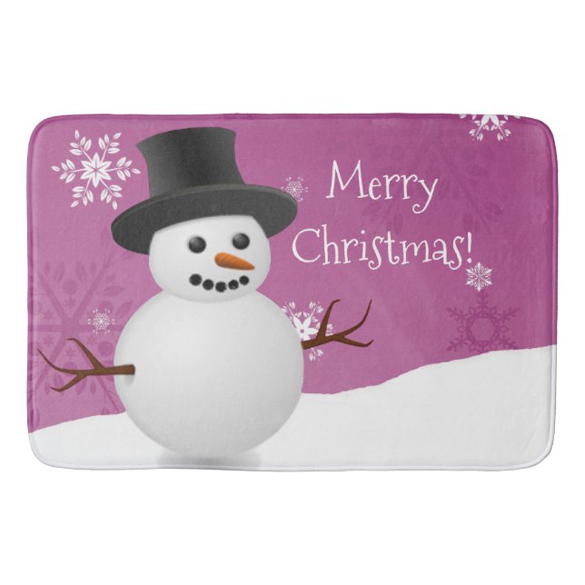 Pink Snowman Winter Scene Christmas Bath Mat (Front)