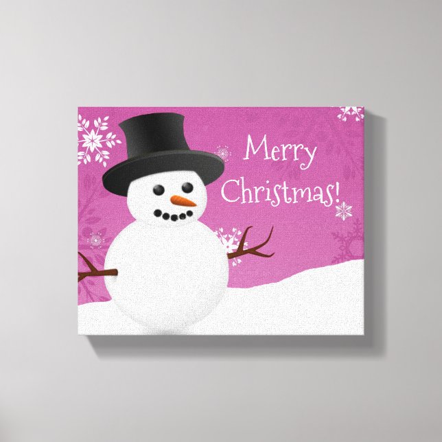 Pink Snowman Winter Scene Christmas Canvas Print (Front)
