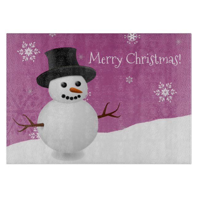 Pink Snowman Winter Scene Christmas Cutting Board (Front)