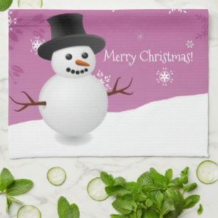 Pink Snowman Winter Scene Christmas Kitchen Towel