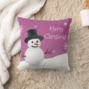 Pink Snowman Winter Scene Christmas Throw Pillow