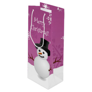 Pink Snowman Winter Scene Christmas Wine Gift Bag