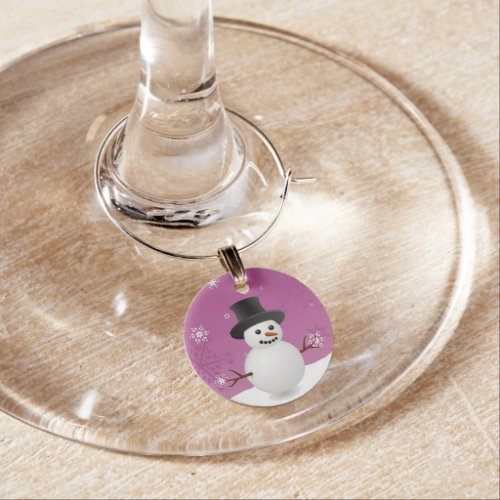 Pink Snowman Winter Scenery Christmas Wine Charm