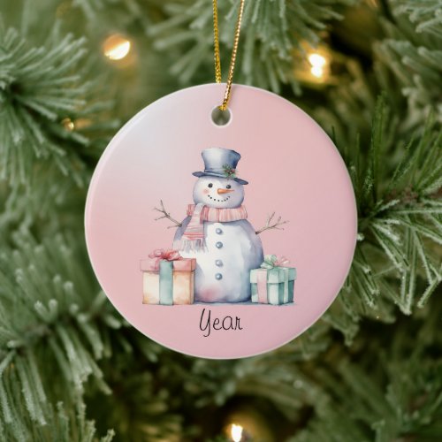 Pink Snowman with Packages Ceramic Ornament
