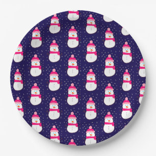 Pink Snowman with Snow Flurry Paper Plates