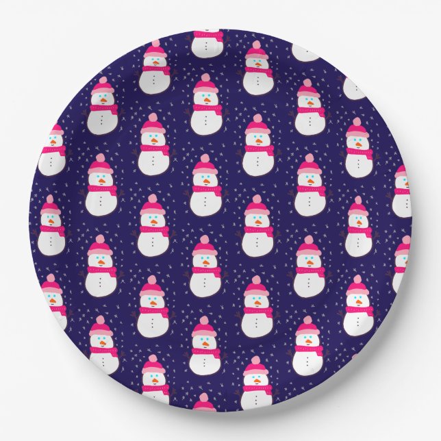 Pink Snowman with Snow Flurry  Paper Plates (Front)