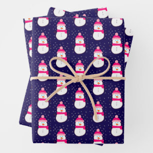 Pink Snowman with Snow Flurry Wrapping Paper Sheets
