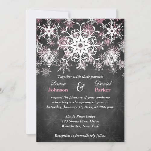 Pink Snowy Chalkboard Style Wedding Invitation