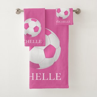 pink soccer ball -  add name bath towel set